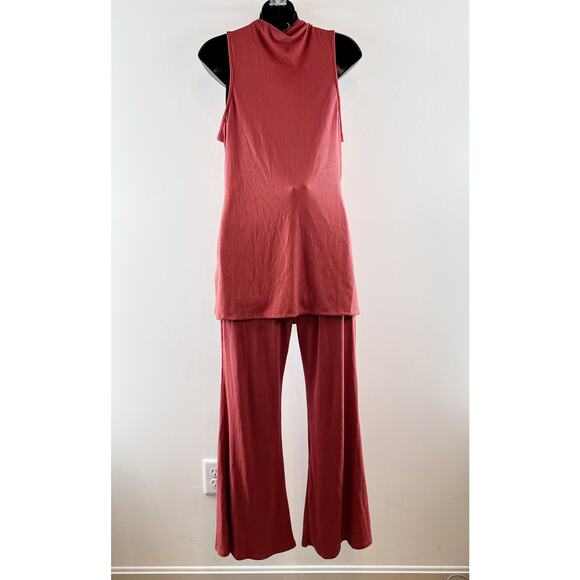 En Elly Anthropologie 2 Piece Ribbed High Neck Top & Flare Pants Red Medium - Picture 5 of 10